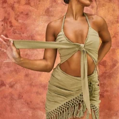 Robe Moulante Effet Lin Kaki à Ourlet Frangé Et Buste Noué