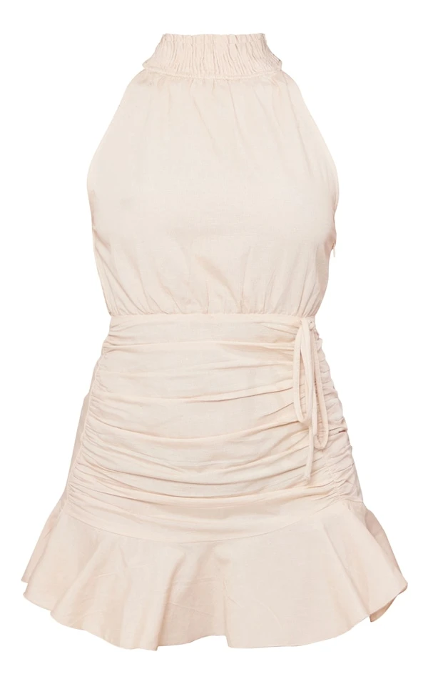 Robe Moulante En Effet Lin Froncé Gris Pierre à Ourlet Volanté Et Col Montant 5 Robe Moulante En Effet Lin Froncé Gris Pierre à Ourlet Volanté Et Col Montant – Image 5