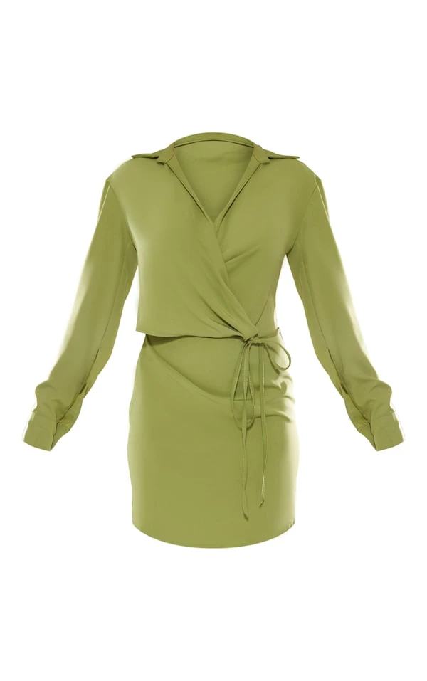 Robe Chemise Satinée Vert Olive Nouée à La Taille 5 Robe Chemise Satinée Vert Olive Nouée à La Taille – Image 5