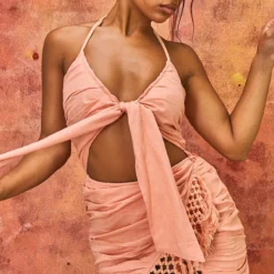 Robe Moulante Effet Lin Pêche à Ourlet Frangé Et Buste Noué