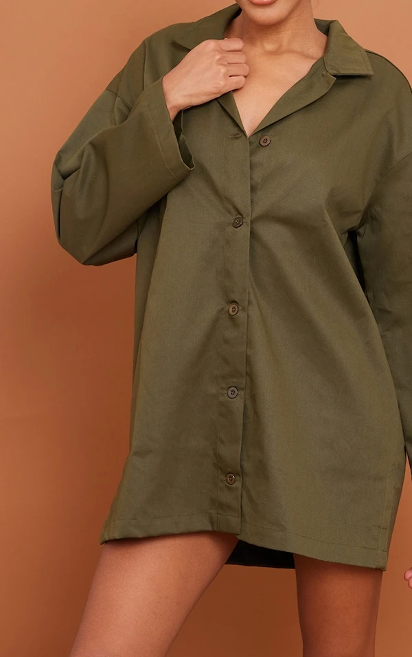 Robe Chemise Oversize Kaki Tissée Fendue 4 Robe Chemise Oversize Kaki Tissée Fendue – Image 4