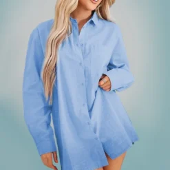 Robe Chemise Oversize Effet Lin Bleu Clair -Pas Cher Robe Tendre Magasin 2a31ca44ad1b59ac957547c2bc519d2fadfd9d71 cnd6438 3