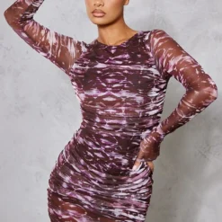 Robe Moulante En Mesh Violet Imprimé Abstrait à Détail Froncé -Pas Cher Robe Tendre Magasin 2ade5ece947d8ac18c276fb88a0cb244ecbe3e11 cnb9632 3