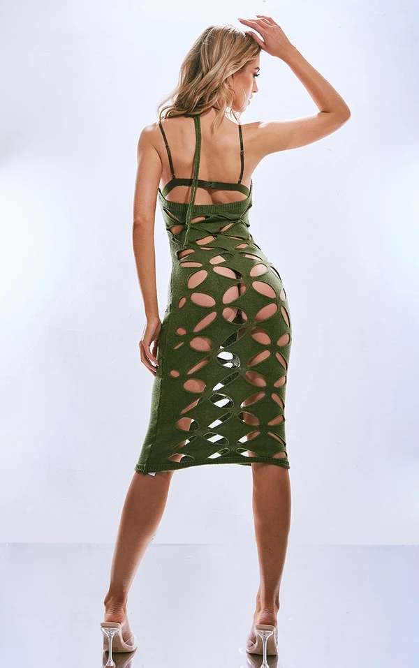 Robe Mi-longue Kaki à Découpes Losanges 2 Robe Mi-longue Kaki à Découpes Losanges – Image 2