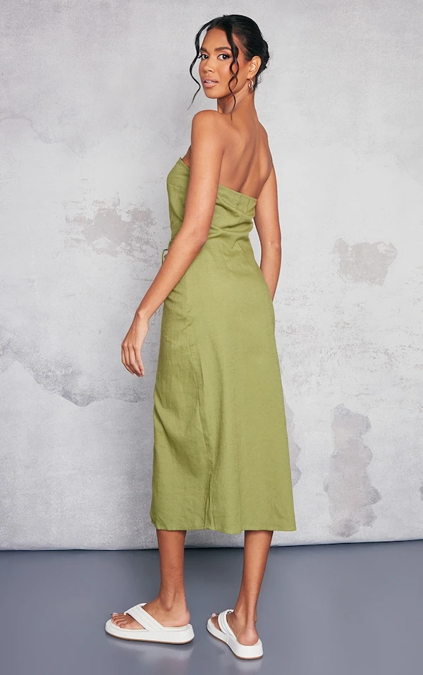 Robe Longue Bustier En Effet Lin Kaki Froncé 2 Robe Longue Bustier En Effet Lin Kaki Froncé – Image 2