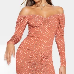 Robe Moulante Orange Terracotta Imprimé Pois à Manches Longues Et Devant Froncé -Pas Cher Robe Tendre Magasin 2bb2f57682eb01a02ff86ce70b3056485db7be46 CMS1125 3