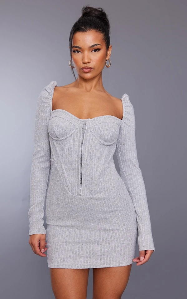 Robe Moulante Côtelée Texturée Gris Chiné à Manches Longues Et Corset 3 Robe Moulante Côtelée Texturée Gris Chiné à Manches Longues Et Corset – Image 3