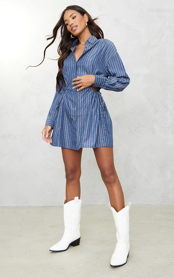 Robe Chemise Bleu Foncé à Taille Froncée Et Découpée 3 Robe Chemise Bleu Foncé à Taille Froncée Et Découpée – Image 3