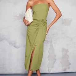 Robe Longue Bustier En Effet Lin Kaki Froncé