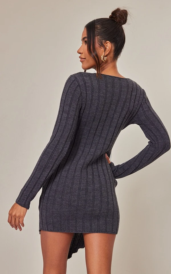 Robe Pull En Maille Tricot Gris Anthracite à Ourlet Tombant 2 Robe Pull En Maille Tricot Gris Anthracite à Ourlet Tombant – Image 2