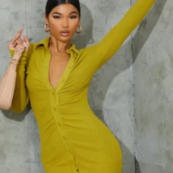 Robe Chemise Froncée Côtelée Douce Chartreuse à Manches Longues