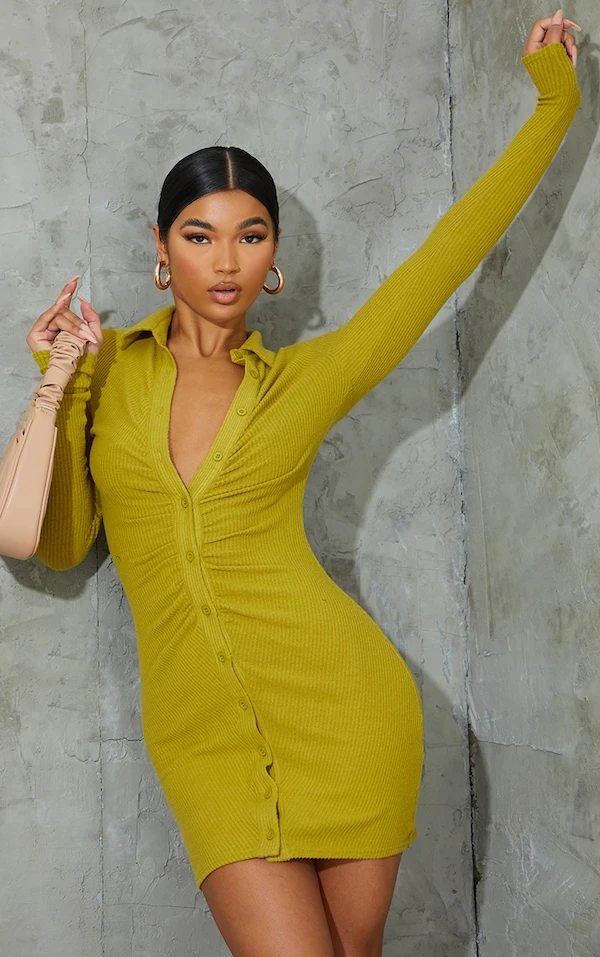 Robe Chemise Froncée Côtelée Douce Chartreuse à Manches Longues 1 Robe Chemise Froncée Côtelée Douce Chartreuse à Manches Longues