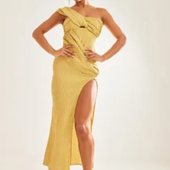 Robe Mi-longue Asymétrique Texturée Vert Olive Drapée Fendue