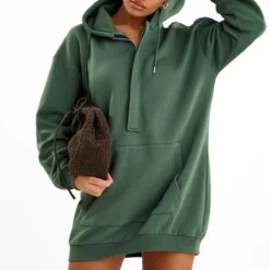 Robe Sweat Bleu-vert à Capuche Et Poche Oversize Devant