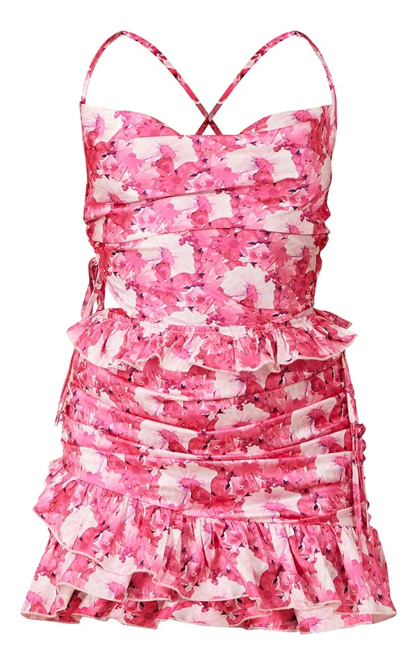 Robe Moulante Rose Vif Fleurie Imprimé Abstrait Froncée à Bretelles Et Volants 6 Robe Moulante Rose Vif Fleurie Imprimé Abstrait Froncée à Bretelles Et Volants – Image 6