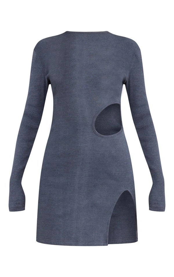 Robe Moulante Côtelée Gris Anthracite Délavé à Ourlet Fendu 5 Robe Moulante Côtelée Gris Anthracite Délavé à Ourlet Fendu – Image 5