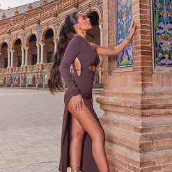 Robe Asymétrique Longue En Maille Tricot Chocolat