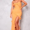 Robe Longue Bustier Orange à Fente Et Volants