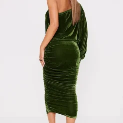 Robe Mi-longue En Velours Froncé Vert Olive à Manche Unique -Pas Cher Robe Tendre Magasin 37ccec643b0b40a4e2fdf19caeaa15be21d394a3 cmt9195 3