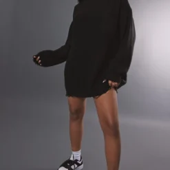 Robe Pull En Maille épaisse Noire à Ourlet élimé