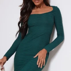Robe Longue Texturée Vert Sarcelle à Col Rond Et Manches Longues -Pas Cher Robe Tendre Magasin 387e85b8de32800fd2cf9f8e4283255d6391025d cnb9613 4