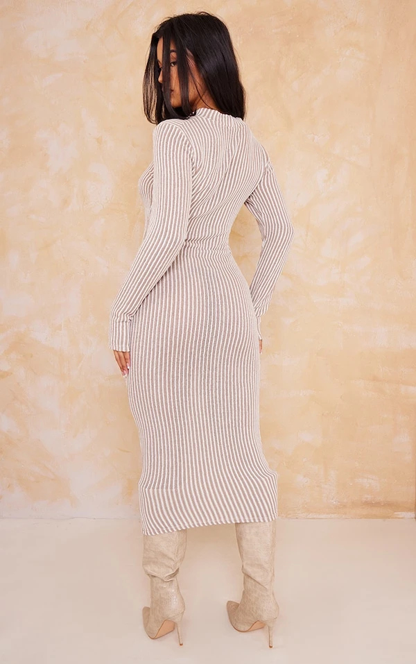 Robe Mi-longue Côtelée Bicolore Sable à Col Montant 2 Robe Mi-longue Côtelée Bicolore Sable à Col Montant – Image 2