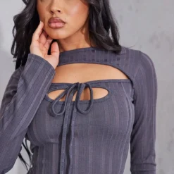 Robe Longue Côtelée Gris Anthracite Découpée à Nouer Dans Le Cou -Pas Cher Robe Tendre Magasin 3a13782c977606a0fb7625d89bb001279d6232bc cnd4071 4