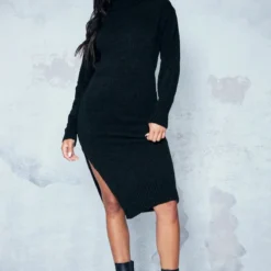 Robe Pull Mi-longue En Maille Noire à Boucle Et Col Roulé -Pas Cher Robe Tendre Magasin 3af64ed3066ef0e4dd15a8adeb9a986602e2d17e cnc5808 3