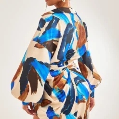 Robe Droite Satinée Multicolore Imprimé Peinture à Manches Oversize Et Jupe Drapée -Pas Cher Robe Tendre Magasin 3d1704ada270fa82e3695feacd4716c9f9fcf443 cnd5885 2