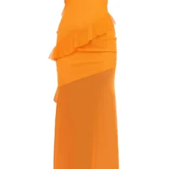 Robe Longue Orange En Mesh Drapé Volanté à Bretelles -Pas Cher Robe Tendre Magasin 3d343d9e0cfa84ac1dfd73d6a8a4df9ce65a2784 cne2955 5