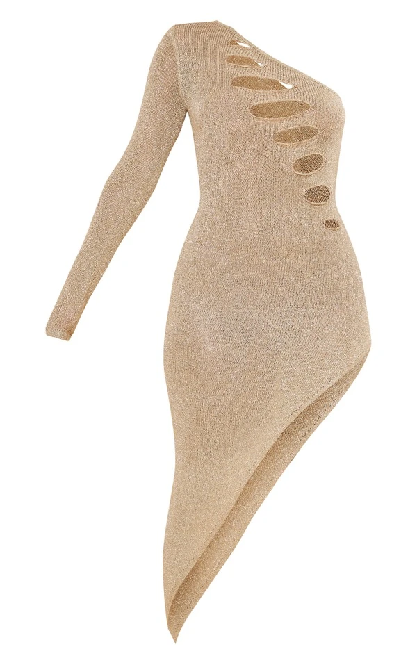 Robe Asymétrique Dorée En Maille Tricot Pailletée 5 Robe Asymétrique Dorée En Maille Tricot Pailletée – Image 5