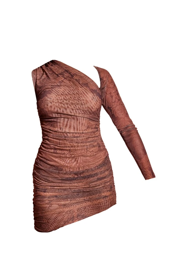 Robe Moulante Asymétrique Marron Clair Fleurie En Mesh 5 Robe Moulante Asymétrique Marron Clair Fleurie En Mesh – Image 5