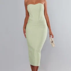 Robe Mi-longue Sauge à Détail Corset Bandage