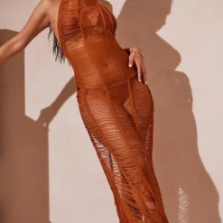 Robe De Plage Longue En Maille Tricot Marron Clair à Franges