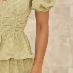 Robe Patineuse Vert Sauge Crêpée à Détail Bonnets Et Jupe étagée -Pas Cher Robe Tendre Magasin 40c7b7fed7ee790d1dda322d49db3e59dc1a6912 cne2963 4