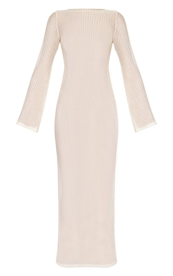 Robe Longue Texturée Ajourée Crème à Manches Longues 5 Robe Longue Texturée Ajourée Crème à Manches Longues – Image 5
