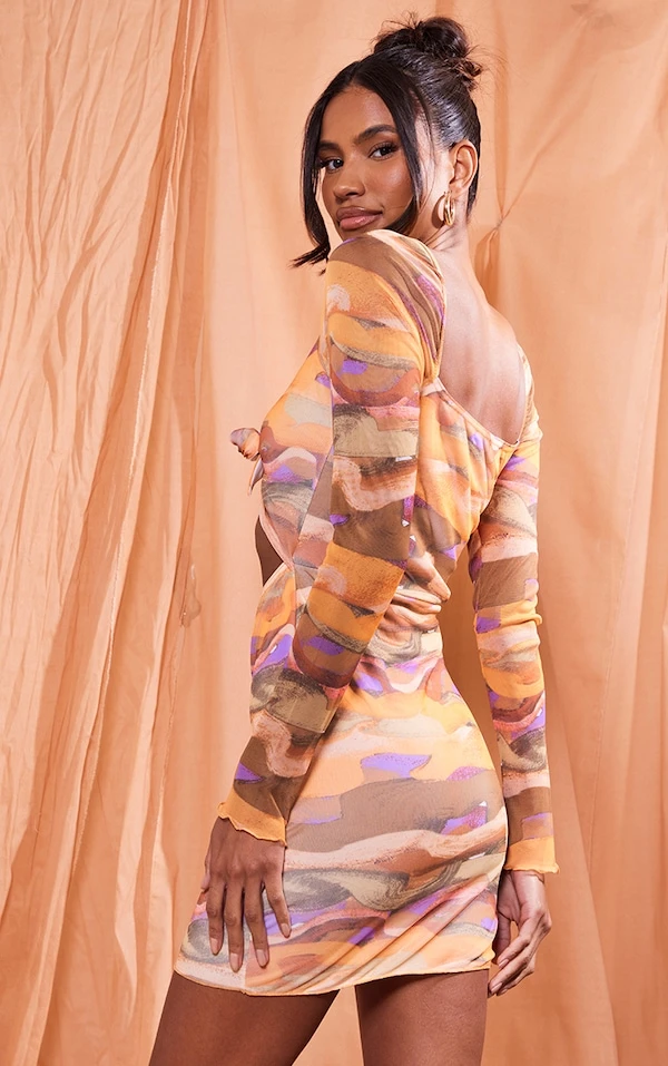 Robe Moulante En Mesh Imprimé Tourbillons Multicolores à Découpes Et Devant Noué 2 Robe Moulante En Mesh Imprimé Tourbillons Multicolores à Découpes Et Devant Noué – Image 2