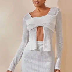 Robe Cache-coeur Moulante Côtelée Crème à Découpes