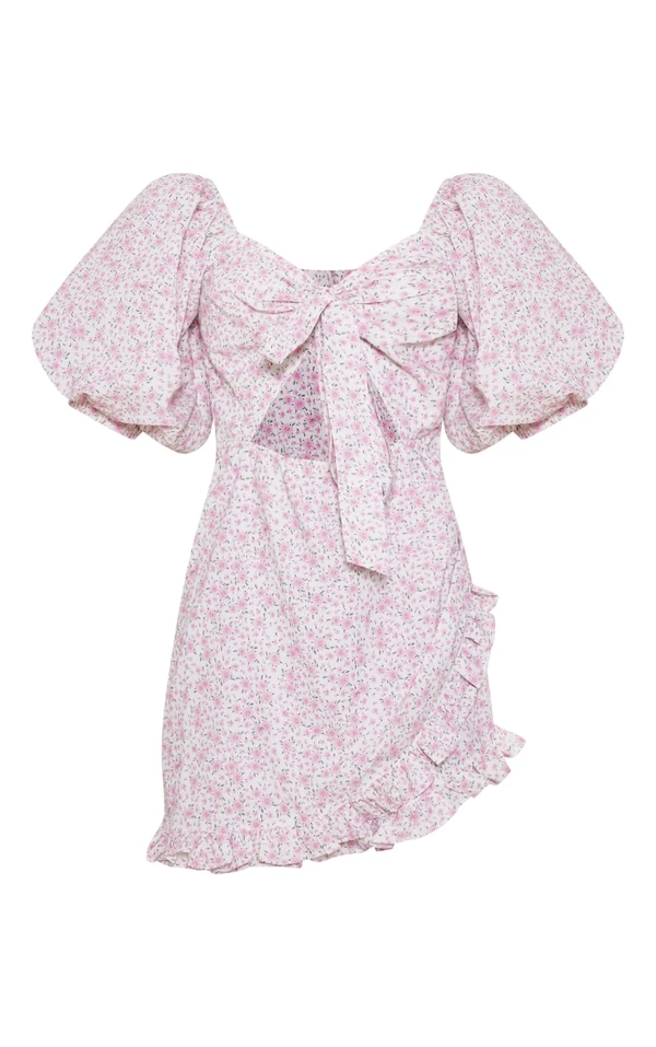 Robe Moulante Rose Fleurie Nouée Devant à Manches Bouffantes 5 Robe Moulante Rose Fleurie Nouée Devant à Manches Bouffantes – Image 5