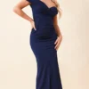 Robe Longue Bleu Marine Fendue à Col Bardot