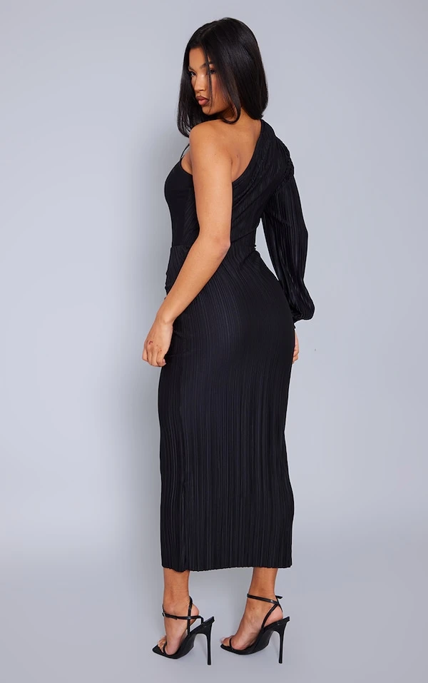 Robe Longue Asymétrique Plissée Froncée Noire 2 Robe Longue Asymétrique Plissée Froncée Noire – Image 2