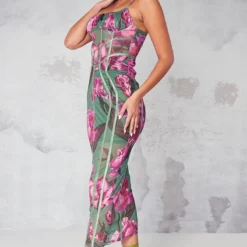 Robe Mi-longue Verte Fleurie En Mesh à Liserés -Pas Cher Robe Tendre Magasin 4baf67b82d5903d104129761b6ebaecca7164efe cna9119 3