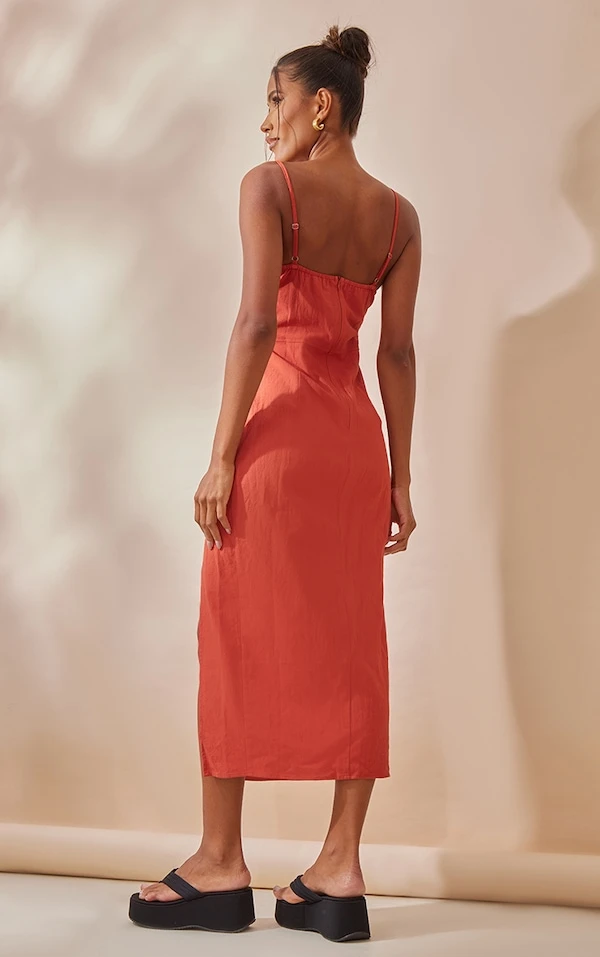 Robe Mi-longue Rouille Fendue à Corset Et Bretelles Fines 2 Robe Mi-longue Rouille Fendue à Corset Et Bretelles Fines – Image 2