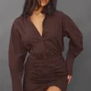 Robe Moulante Style Chemise Oversize Froncée Chocolat