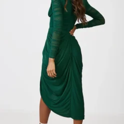 Robe Mi-longue En Mesh Froncé Drapé Vert émeraude à Manches Longues -Pas Cher Robe Tendre Magasin 4e3d080d3c9b59e0d190d2a3a38d443cb6f090cb cnc7626 2