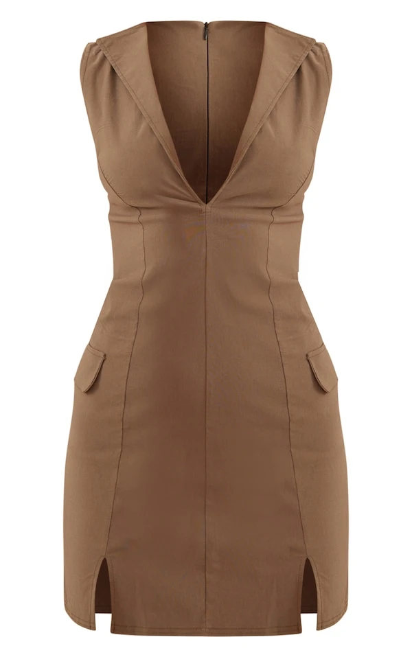 Robe Moulante Décolletée Kaki Sans Manches à Détail Poches 5 Robe Moulante Décolletée Kaki Sans Manches à Détail Poches – Image 5