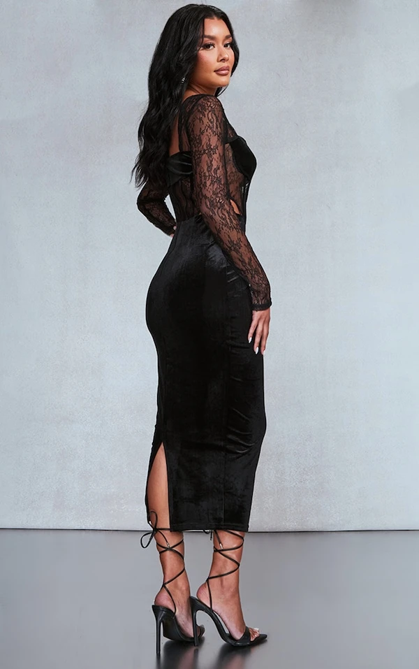 Robe Mi-longue Noire En Velours Et Dentelle à Corset Découpé 2 Robe Mi-longue Noire En Velours Et Dentelle à Corset Découpé – Image 2