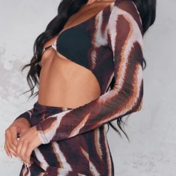 Robe Longue En Mesh Marron Imprimé Animal à Manches Longues Et Empiècement -Pas Cher Robe Tendre Magasin 4f631be468a8b5981acb1bce7decdb99866a885a cna4895 4