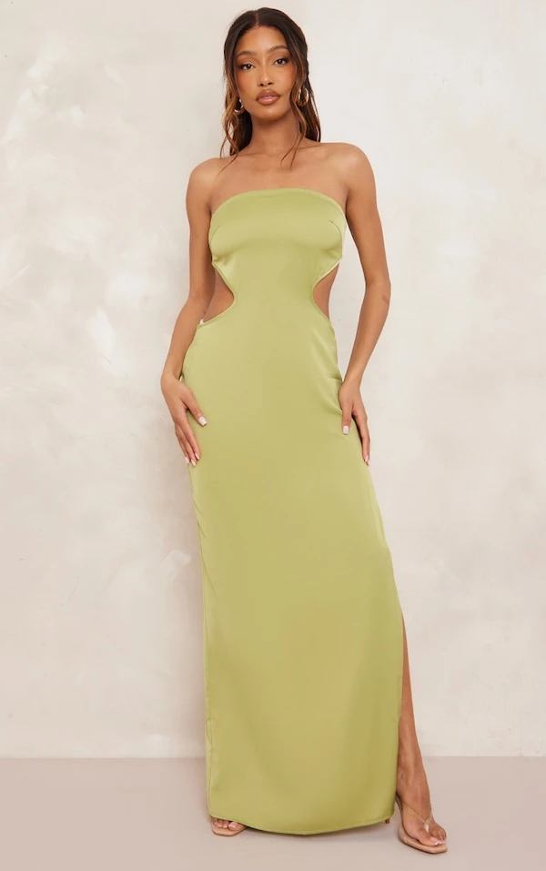 Robe Bustier Longue Vert Olive Satinée Découpée Sur Les Côtés 1 Robe Bustier Longue Vert Olive Satinée Découpée Sur Les Côtés