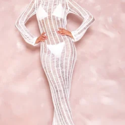 Robe Longue En Maille Tricot Crème à Franges Et Dos Nu